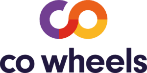 Co Wheels logo featuring a purple and orange interlocking circular symbol above the words “co wheels” in lowercase purple text. The design uses two linked circles to create a simple, modern emblem and is displayed on a white background.